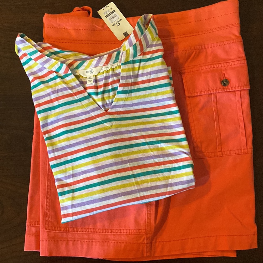 NEW WOMENS PLUS ORANGE CARGO SHORT OUTFIT
